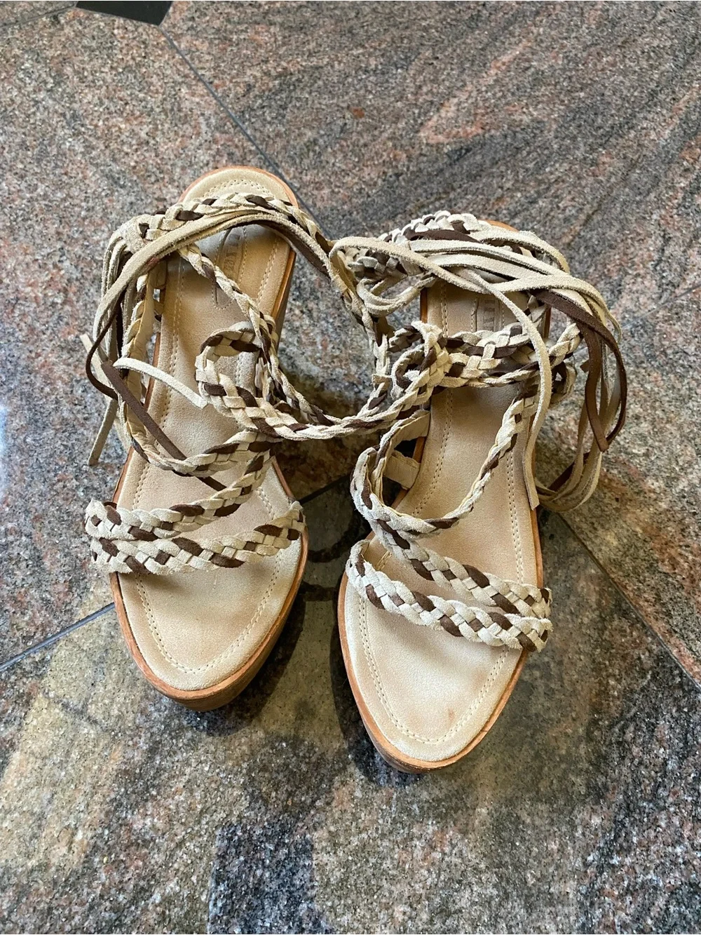 Le Silla Braided Lace-Up Platform Wedge Sandals, Beige, Size 7